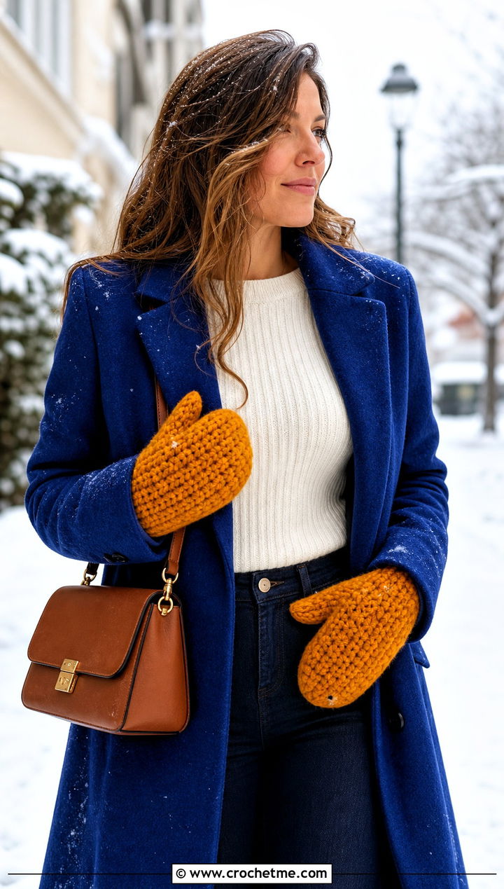 Chunky Crochet Mittens With Maxi Coat - 30 aesthetic crochet gloves outfit ideas