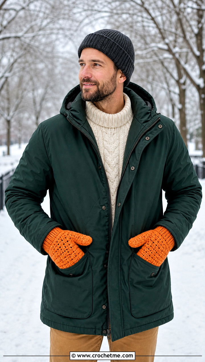 Chunky Crochet Mittens With Parka - 25 Crochet Mens Mittens outfit ideas
