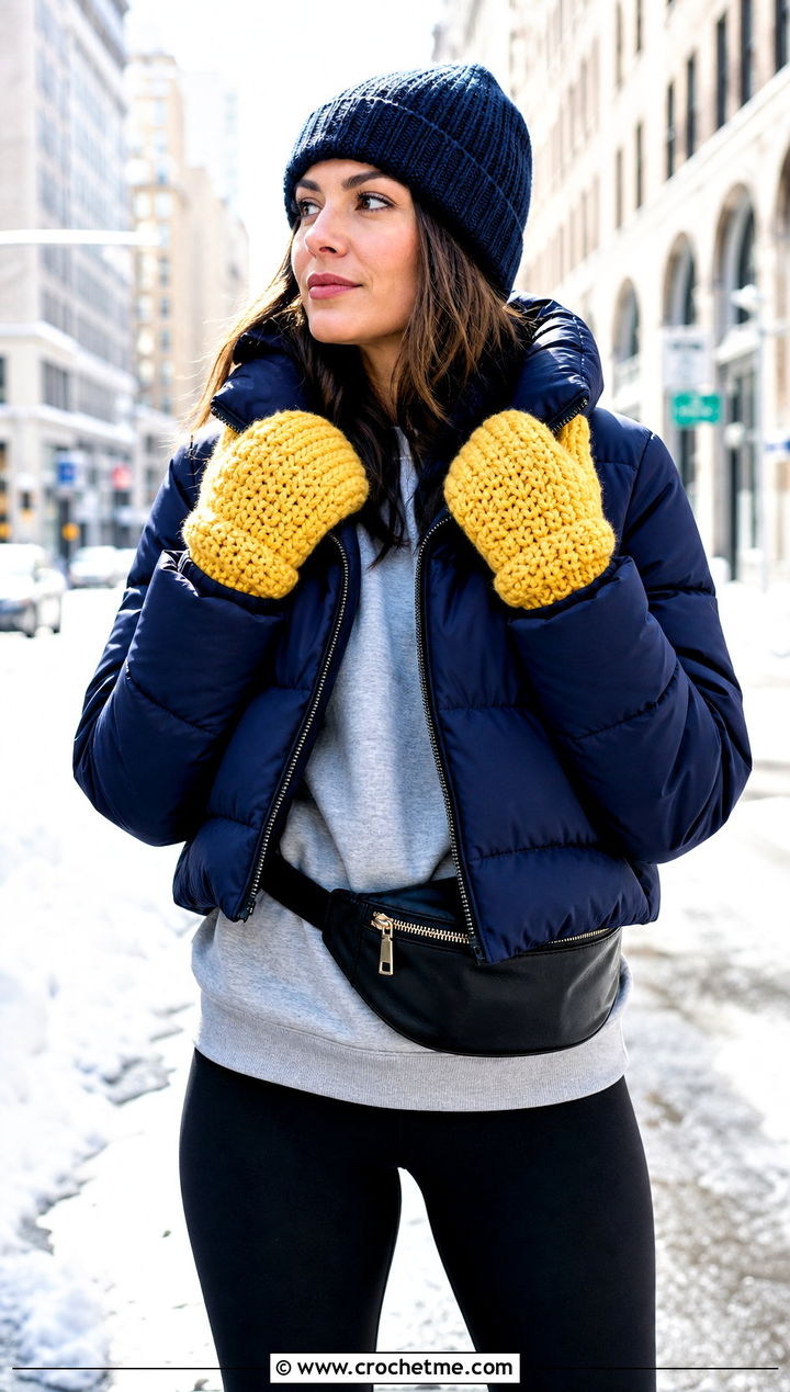 Chunky Crochet Mittens With Puffer Jacket - 25 Chunky Crochet Gloves outfit ideas