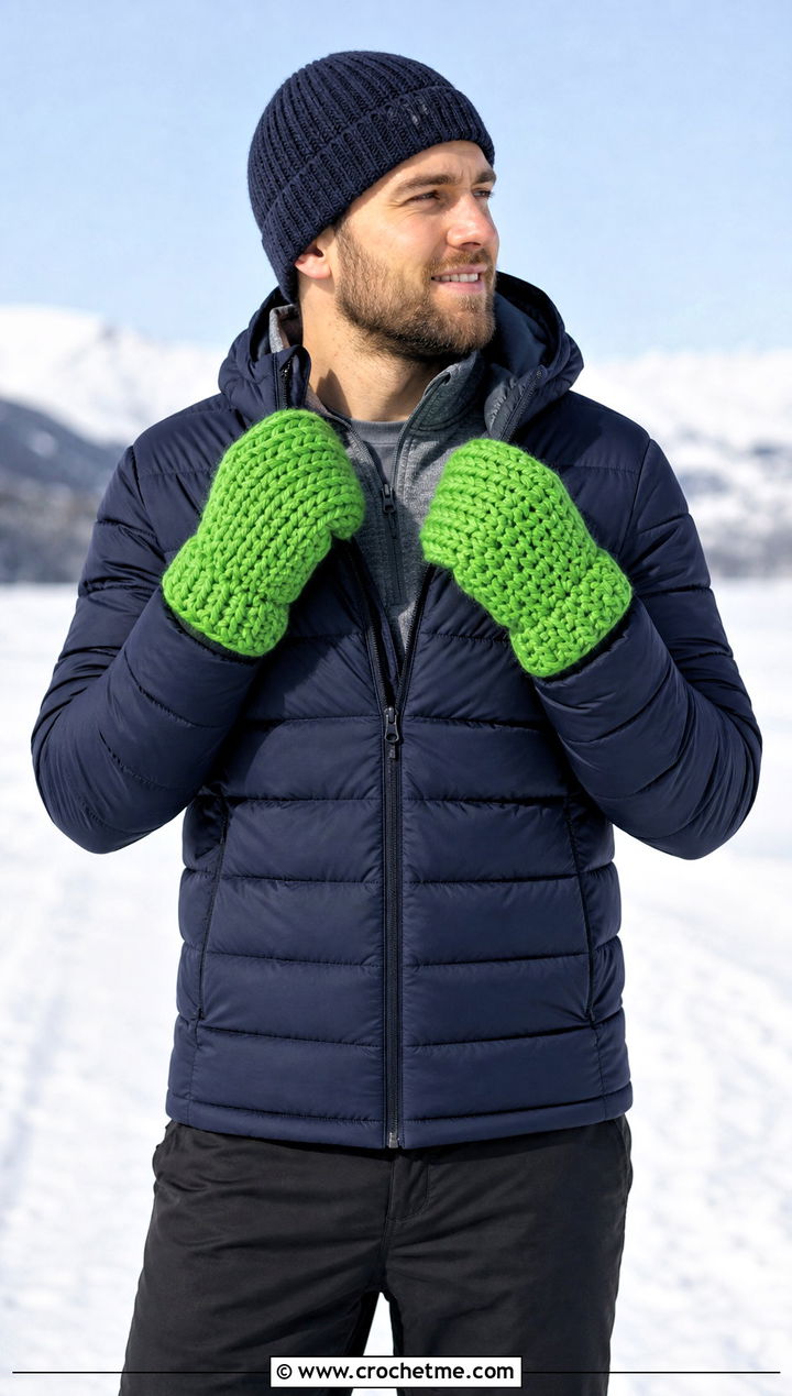 Chunky Crochet Mittens With Puffer Jacket - 25 men's crochet gloves outfit ideas