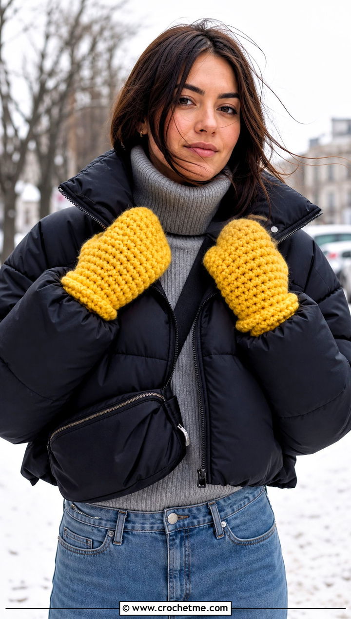Chunky Crochet Mittens With Puffer Jacket - 25 women crochet mittens outfit ideas