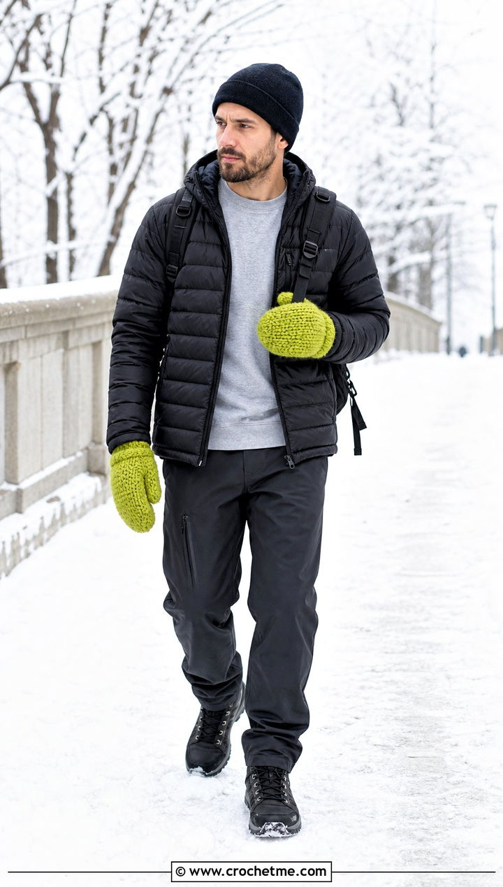 Chunky Crochet Mittens With Puffer Jacket - 35 men crochet gloves outfit ideas