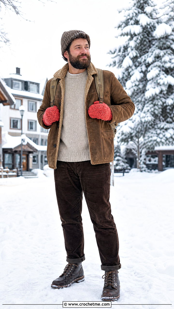 Chunky Crochet Mittens With Shearling Coat - 35 crochet gloves for men outfit ideas