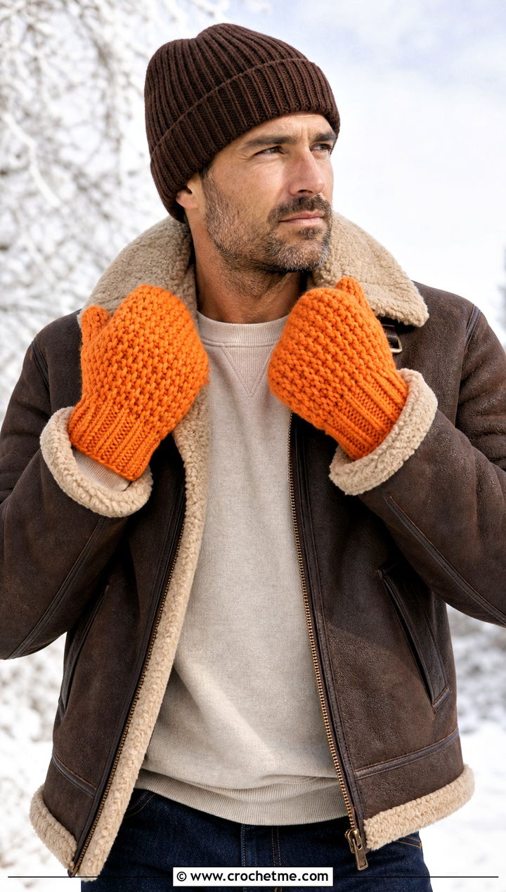 Chunky Crochet Mittens With Shearling Jacket - 25 Crochet Mens Gloves outfit ideas