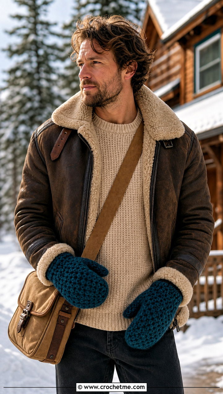 Chunky Crochet Mittens With Shearling Jacket - 25 crochet mittens for men outfit ideas