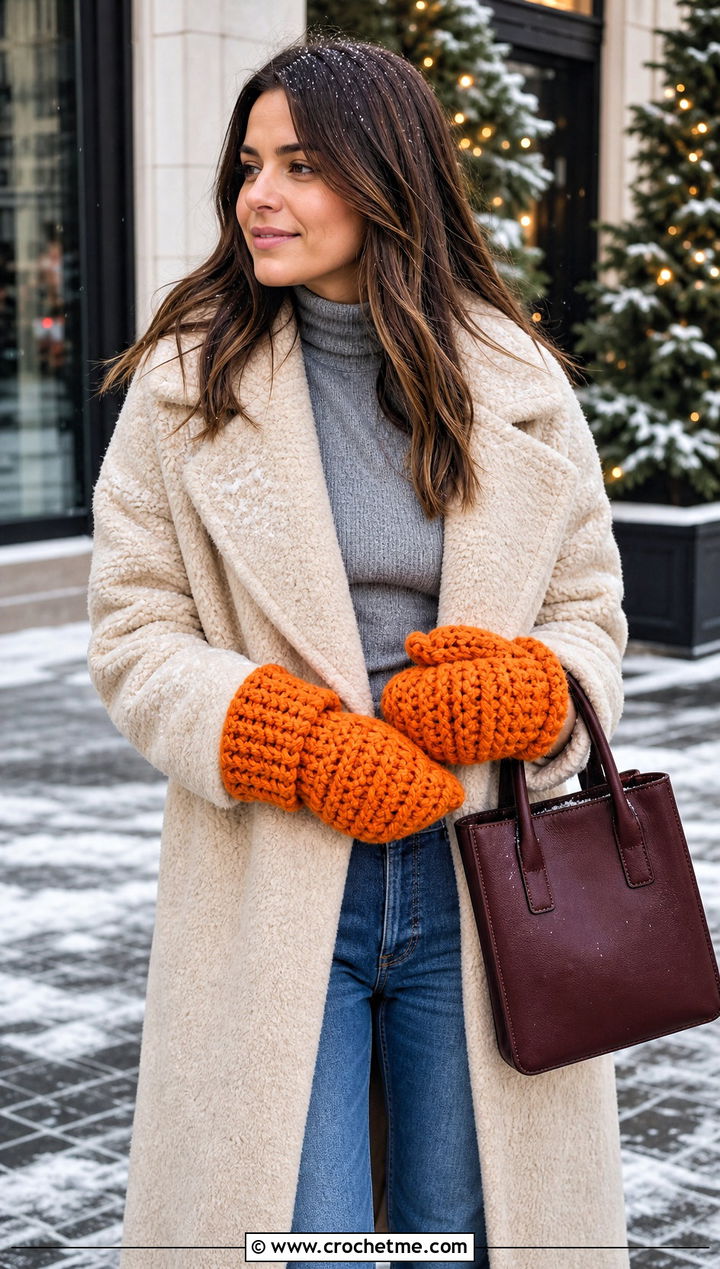 Chunky Crochet Mittens With Teddy Coat and Wide Leg Jeans - 25 Simple Crochet Mittens outfit ideas