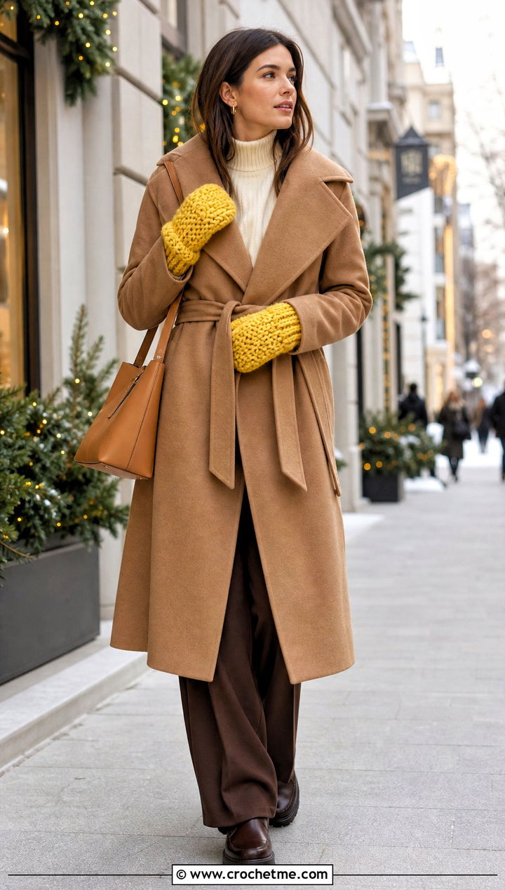 Chunky Crochet Mittens With Wool Coat - 35 easy crochet mittens outfit ideas