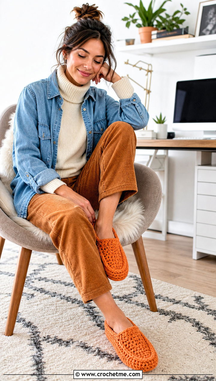 Chunky Crochet Moccasin Slippers With Corduroy Pants - 30 chunky crochet slippers outfit ideas