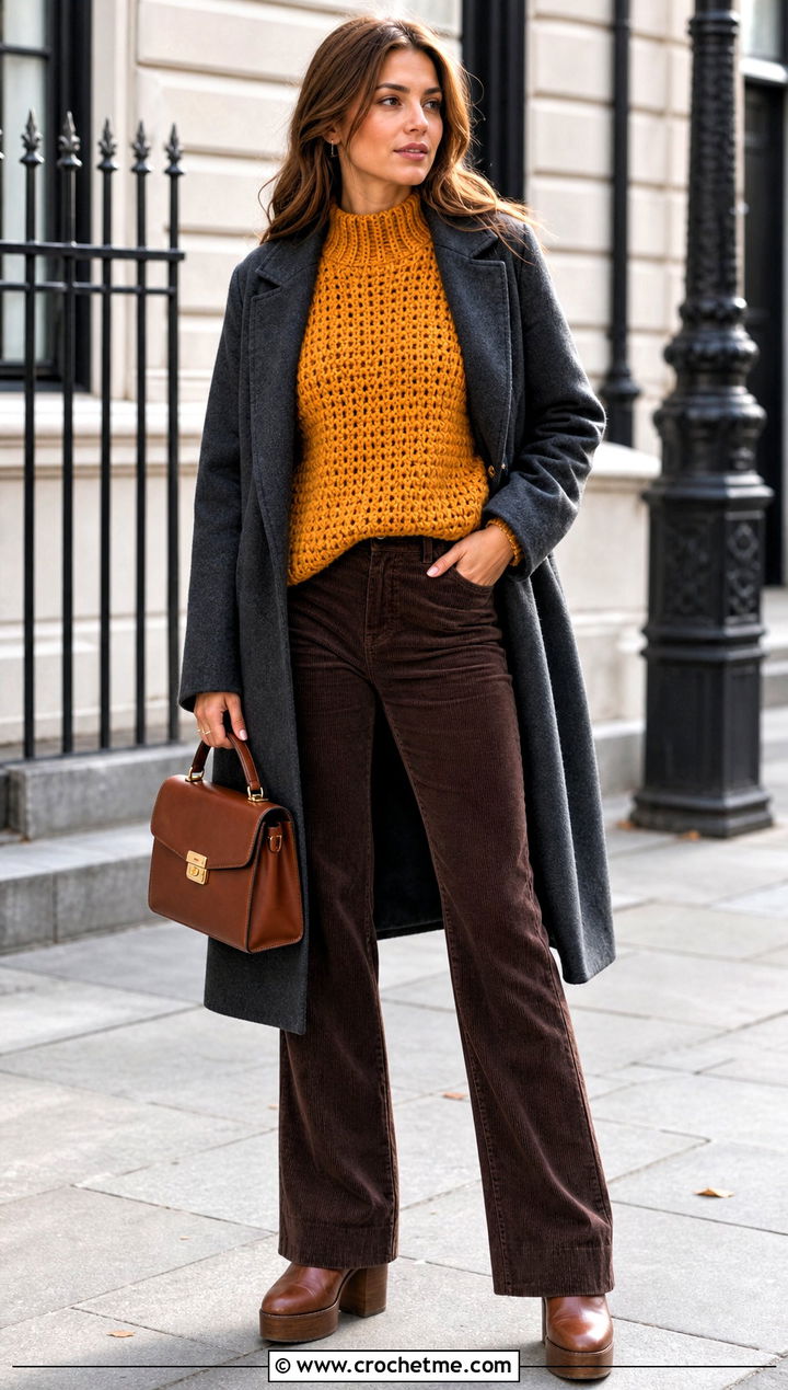Chunky Crochet Mock Neck Sweater Top With Corduroy Pants - 35 crochet mock neck top outfit ideas