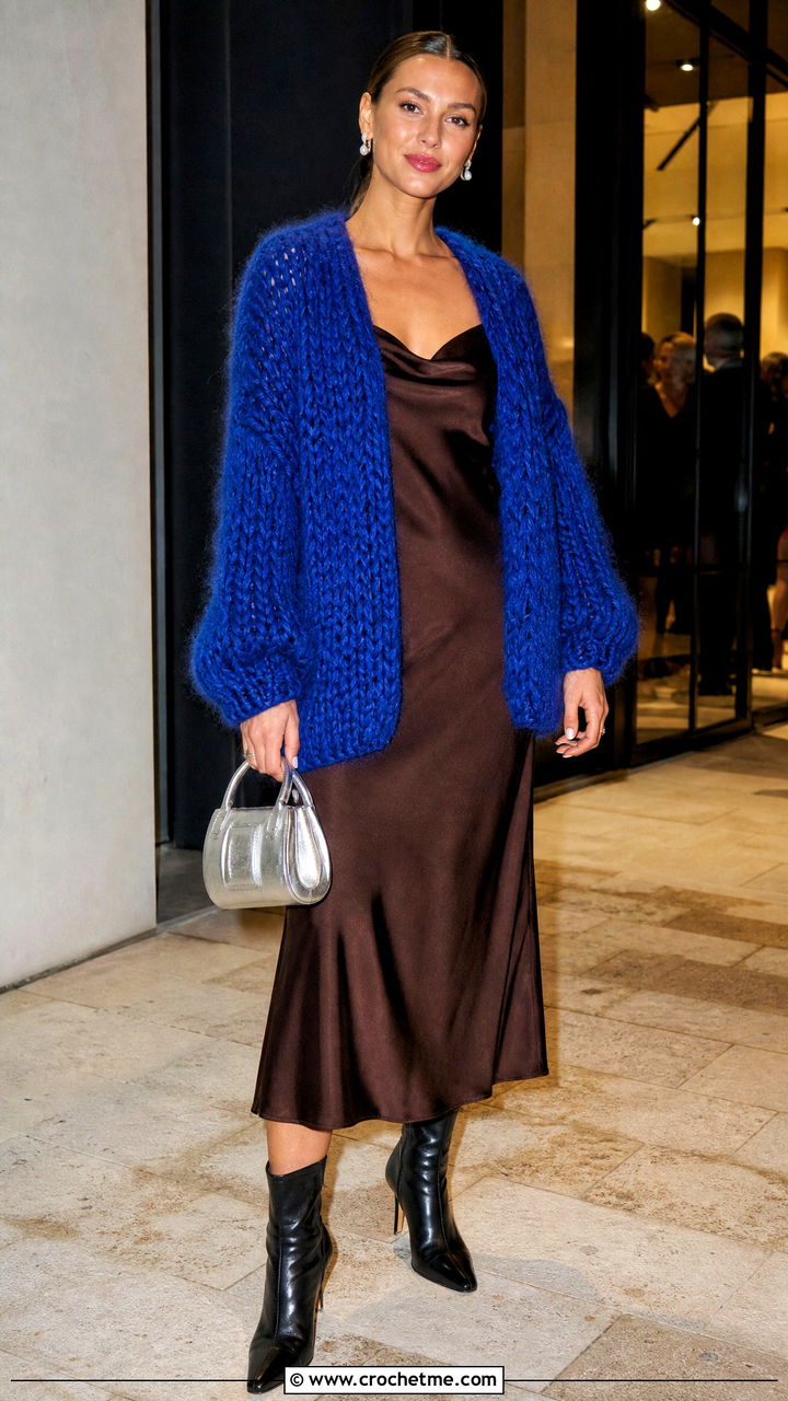 Chunky Crochet Mohair Cardigan With Bias Cut Dress - 35 crochet mohair cardigan outfit ideas