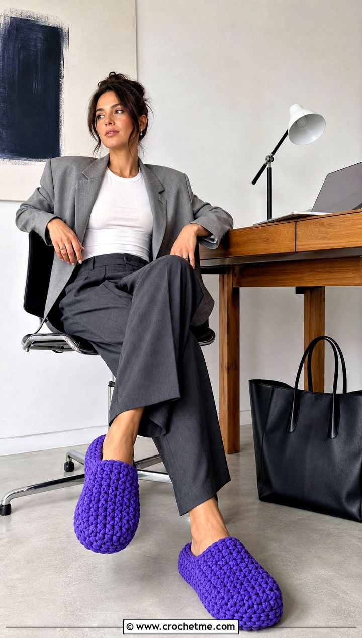 Chunky Crochet Mule Slippers With Tailored Trousers - 30 chunky crochet slippers outfit ideas