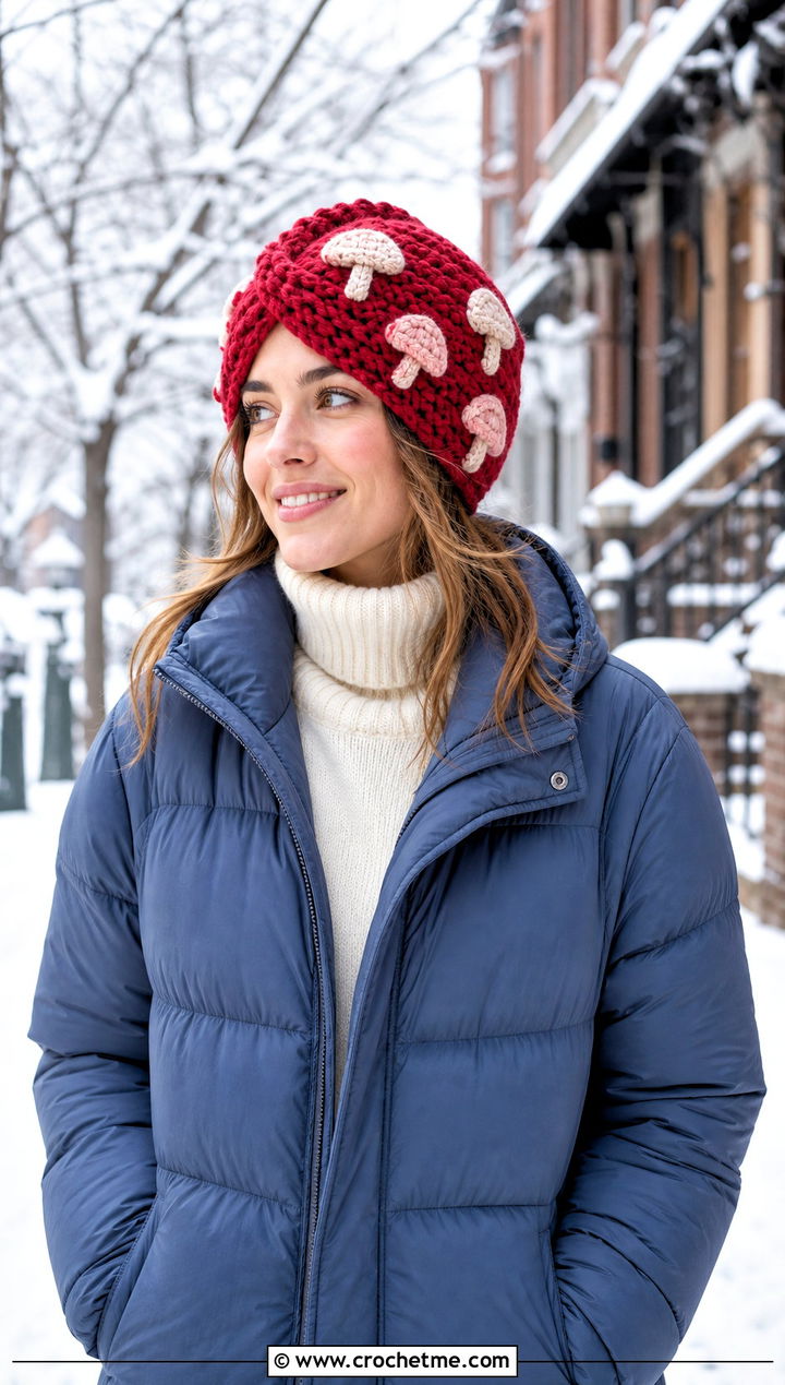 Chunky Crochet Mushroom Head Wrap With Puffer Jacket - 15 Crochet Mushroom Head Scarf outfit ideas