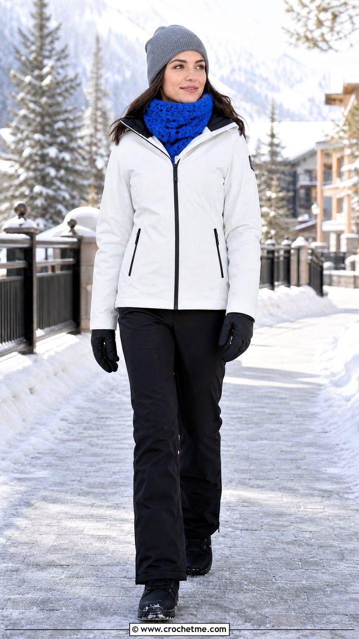 Chunky Crochet Neck Warmer With Ski Jacket - 35 chunky crochet scarf outfit ideas
