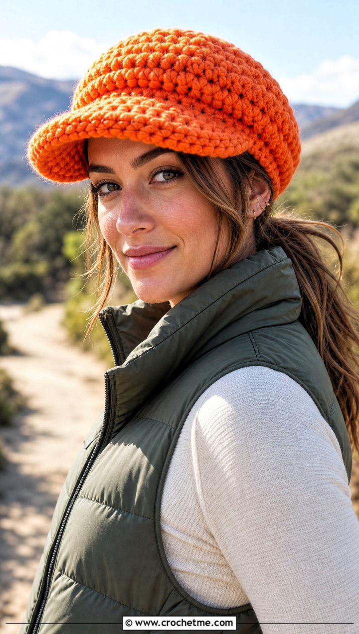 Chunky Crochet Newsboy Hat With Puffer Vest - 25 newsboy crochet hat outfit ideas