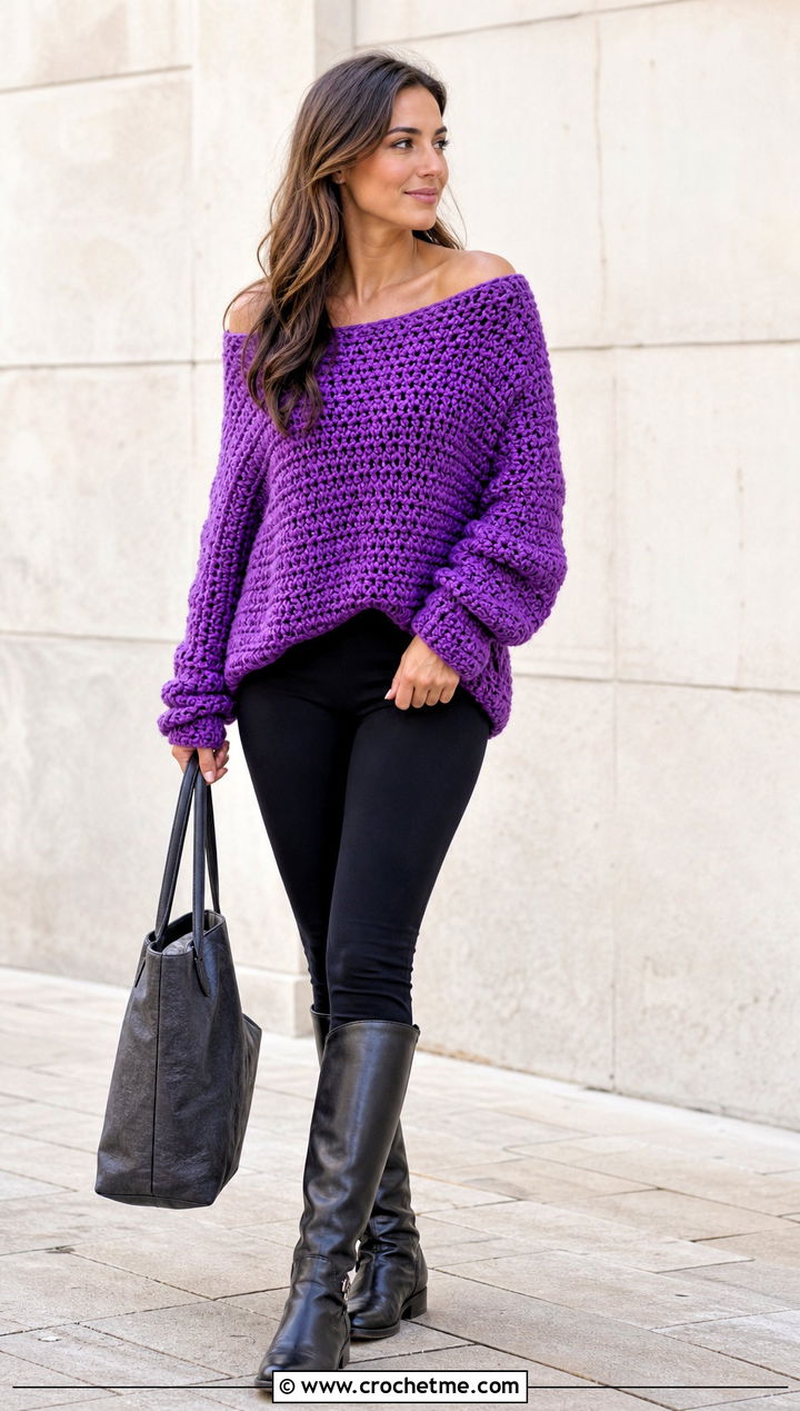 Chunky Crochet Off Shoulder Sweater With Leggings - 25 Crochet Over The Shoulder Sweater outfit ideas