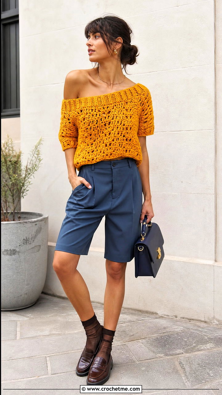 Chunky Crochet Off Shoulder Top With Tailored Shorts - 35 Crochet Off Shoulder Top outfit ideas