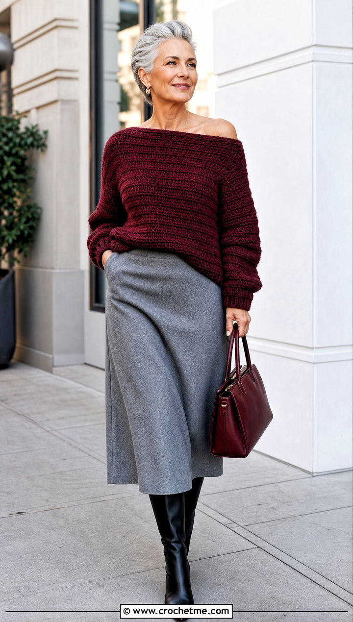 Chunky Crochet Off The Shoulder Sweater Top With Wool Midi Skirt - 35 Crochet Off The Shoulder Top outfit ideas