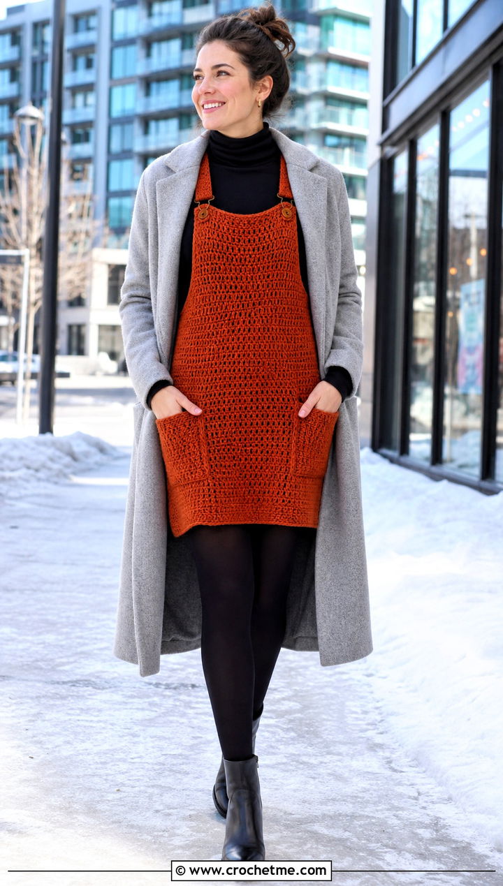 Chunky Crochet Overall Dress With Wool Coat - 35 Crochet Overall Dress outfit ideas