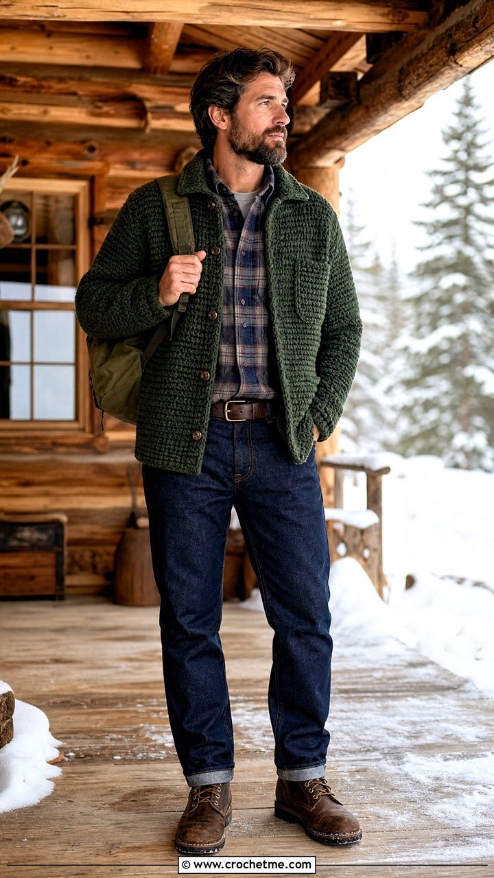Chunky Crochet Overshirt With Flannel And Denim - 35 crochet top men outfit ideas