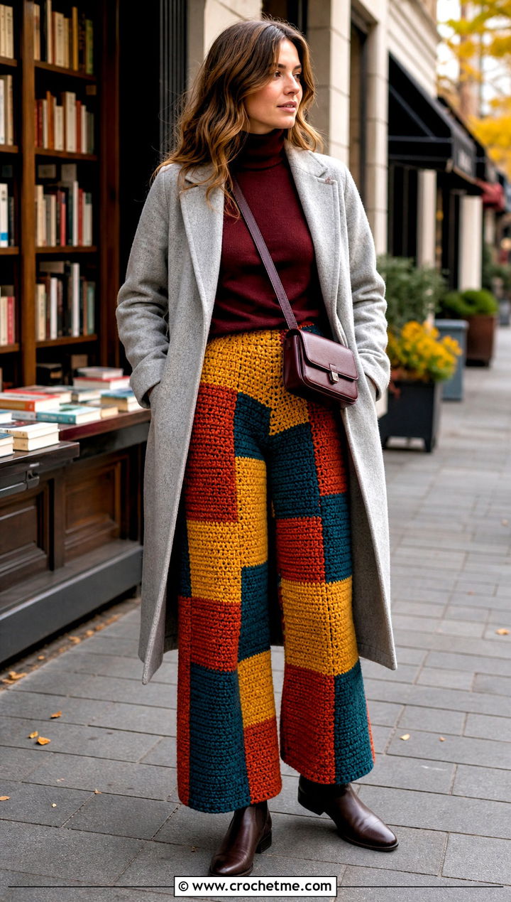 Chunky Crochet Patchwork Pants With Fitted Sweater - 15 Crochet Patchwork Pants outfit ideas