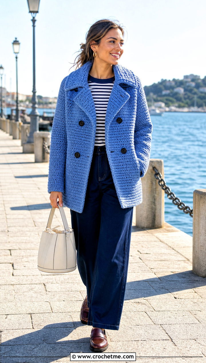 Chunky Crochet Peacoat With Striped Sweater - 25 Chunky Crochet Coat outfit ideas
