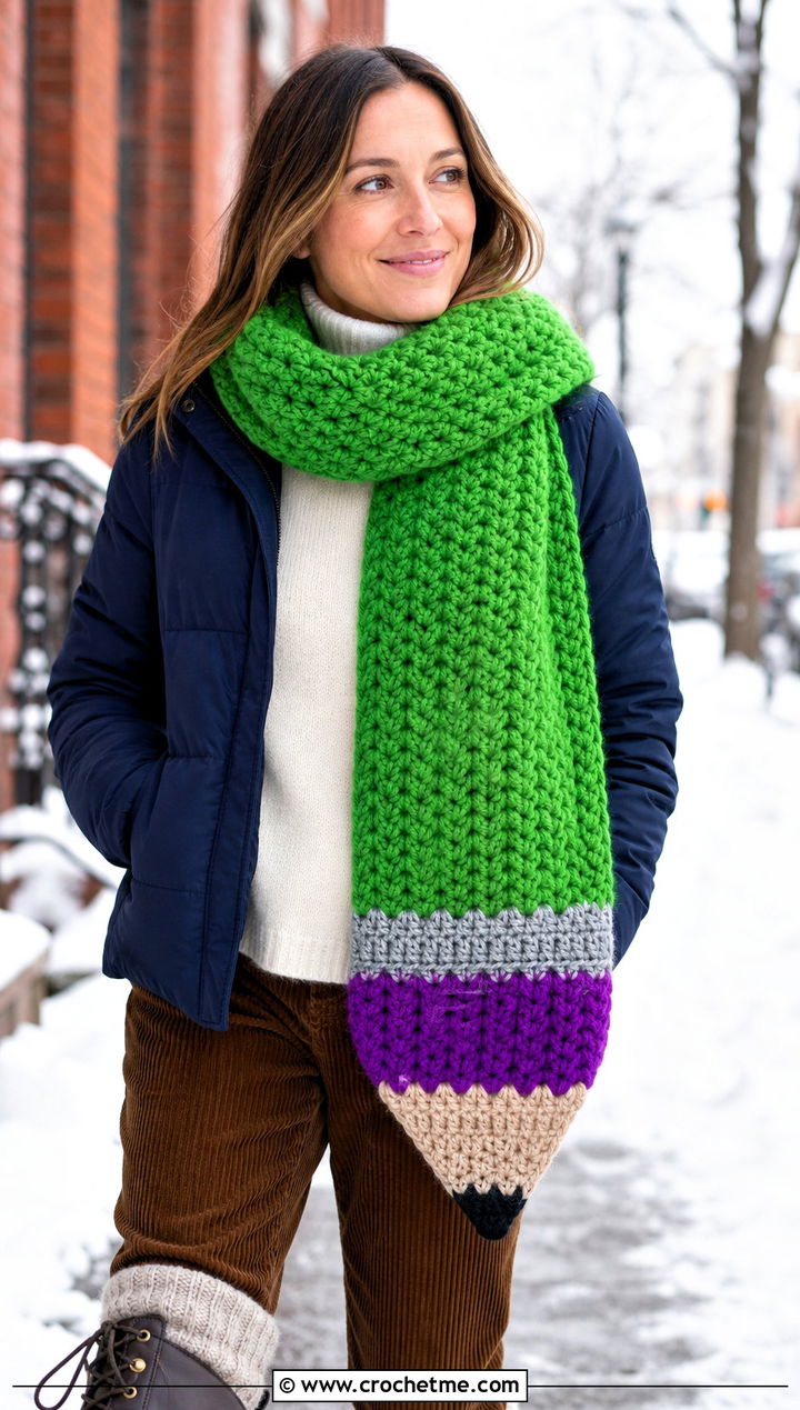 Chunky Crochet Pencil Scarf With Puffer Coat - 25 Crochet Pencil Scarf outfit ideas