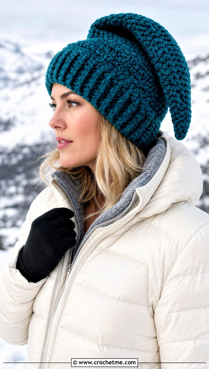 Chunky Crochet Phrygian Cap With Puffer Jacket - 15 crochet phrygian cap outfit ideas