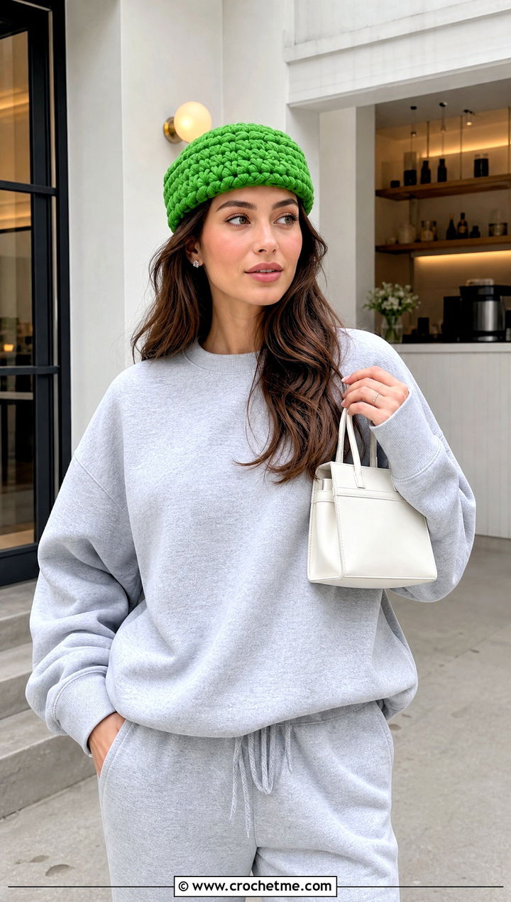 Chunky Crochet Pillbox Hat With Sweatshirt And Joggers - 25 crochet pillbox hat outfit ideas