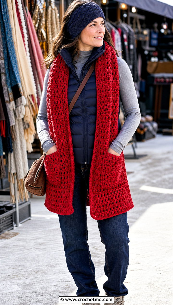 Chunky Crochet Pocket Scarf With Puffer Vest - 25 Crochet Pocket Scarf Shawl outfit ideas