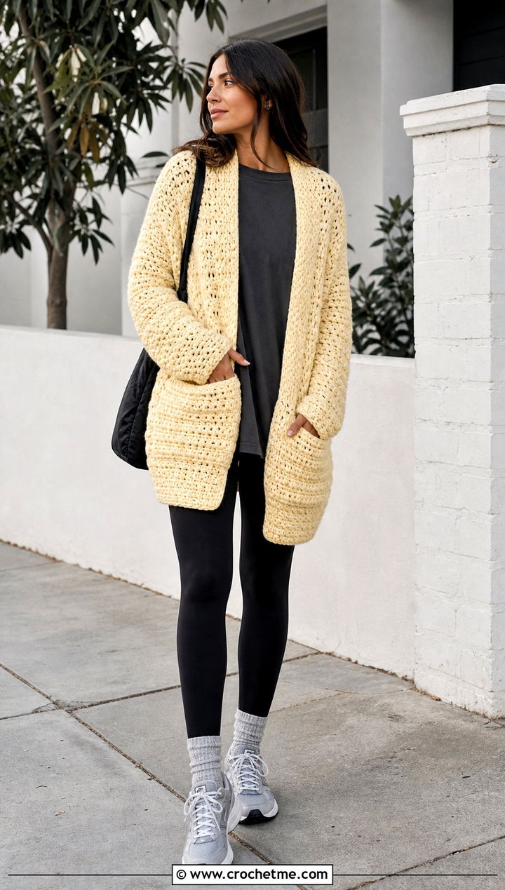 Chunky Crochet Pocket Shawl With Leggings - 25 Easy Crochet Shawl With Pockets outfit ideas