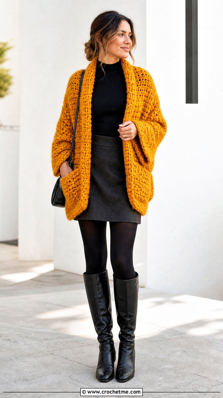 Chunky Crochet Pocket Shawl With Mini Skirt And Boots - 35 crochet pocket shawl outfit ideas