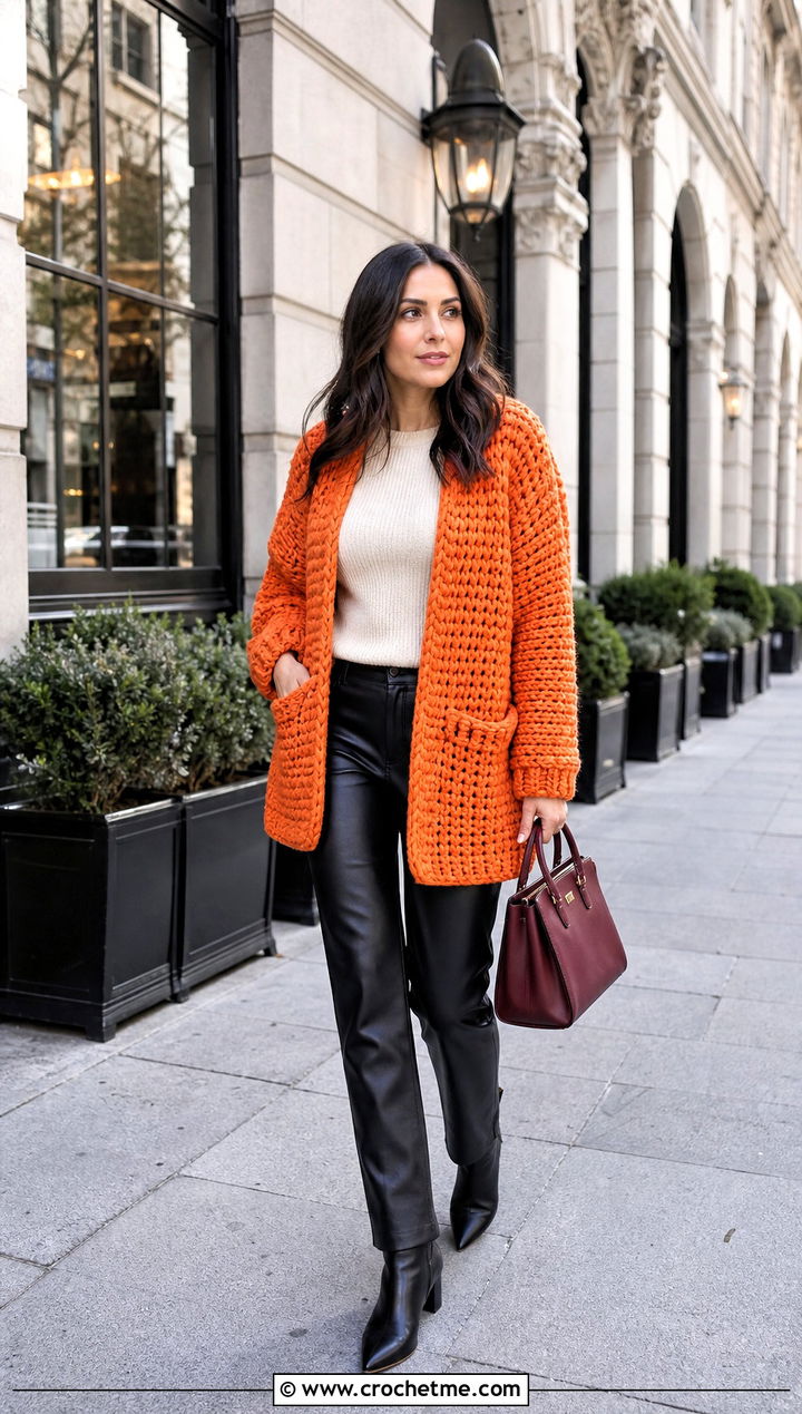 Chunky Crochet Pocket Wrap With Leather Pants - 35 crochet wrap with pockets outfit ideas