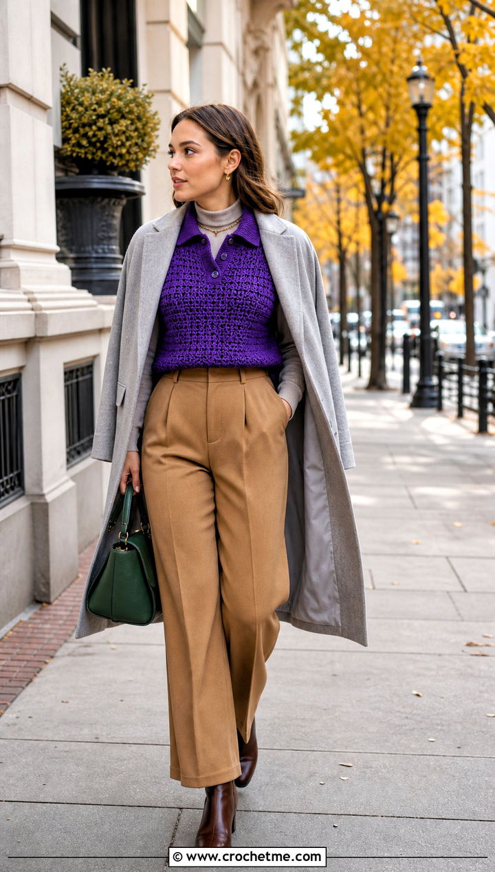 Chunky Crochet Polo Shirt With Wool Trousers - 25 women crochet polo shirt outfit ideas