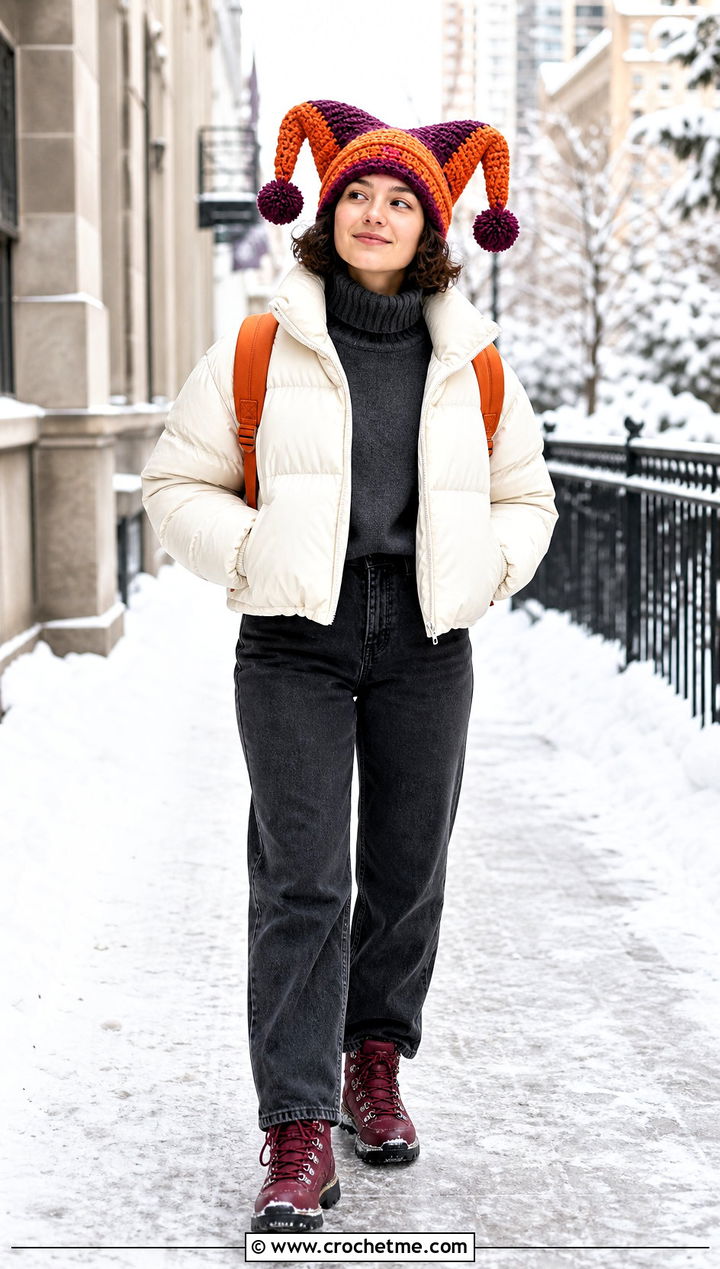 Chunky Crochet Pomni Hat With Puffer Jacket - 35 Crochet Pomni Hat outfit ideas