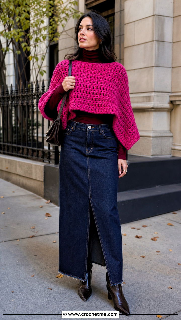 Chunky Crochet Poncho With A Denim Maxi Skirt - 15 Easy Crochet Ponchos outfit ideas