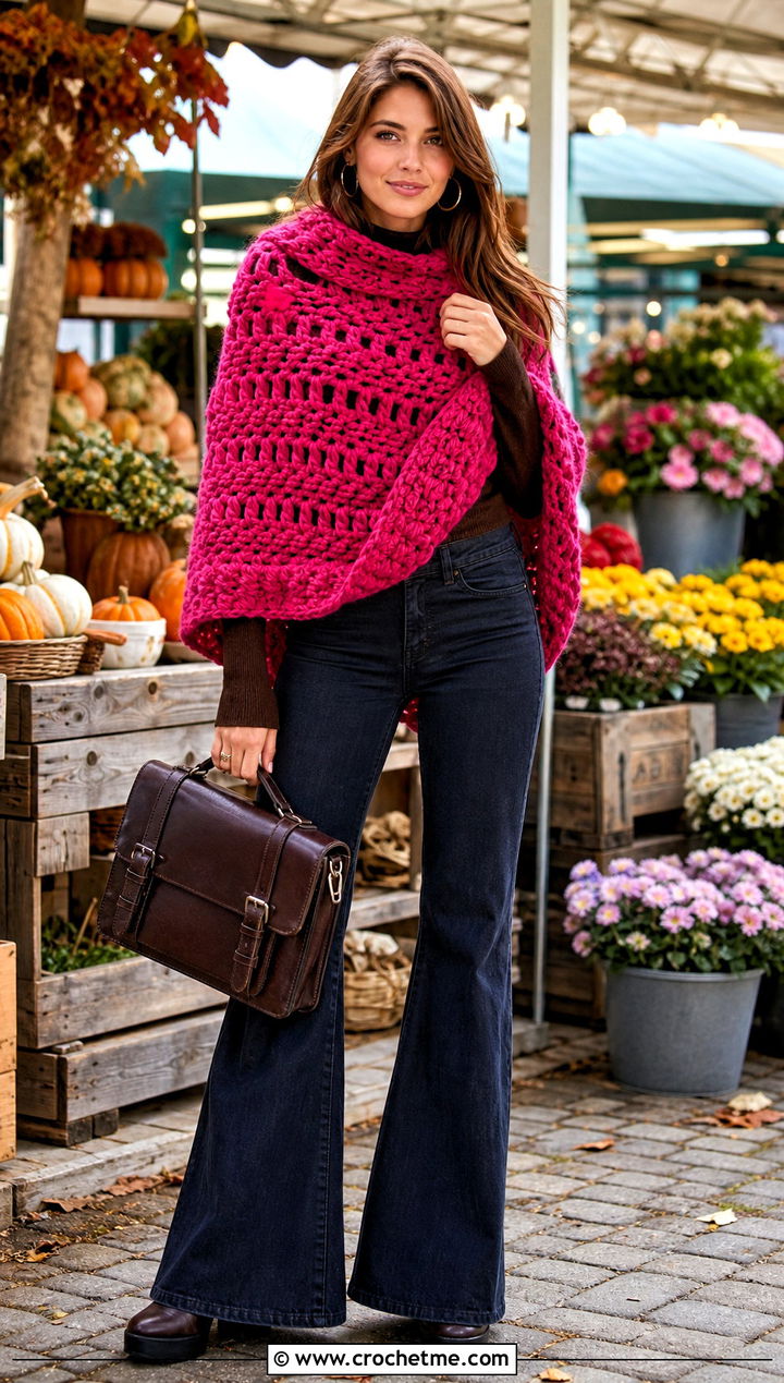 Chunky Crochet Poncho With A Sweater And Flared Jeans - 25 Simple Crochet Poncho outfit ideas