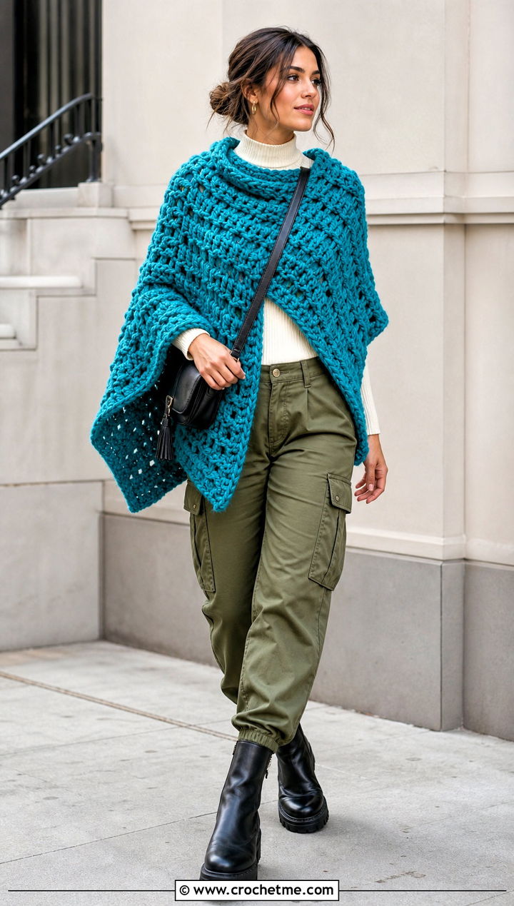 Chunky Crochet Poncho With Cargo Pants - 20 Crochet Fall Poncho outfit ideas