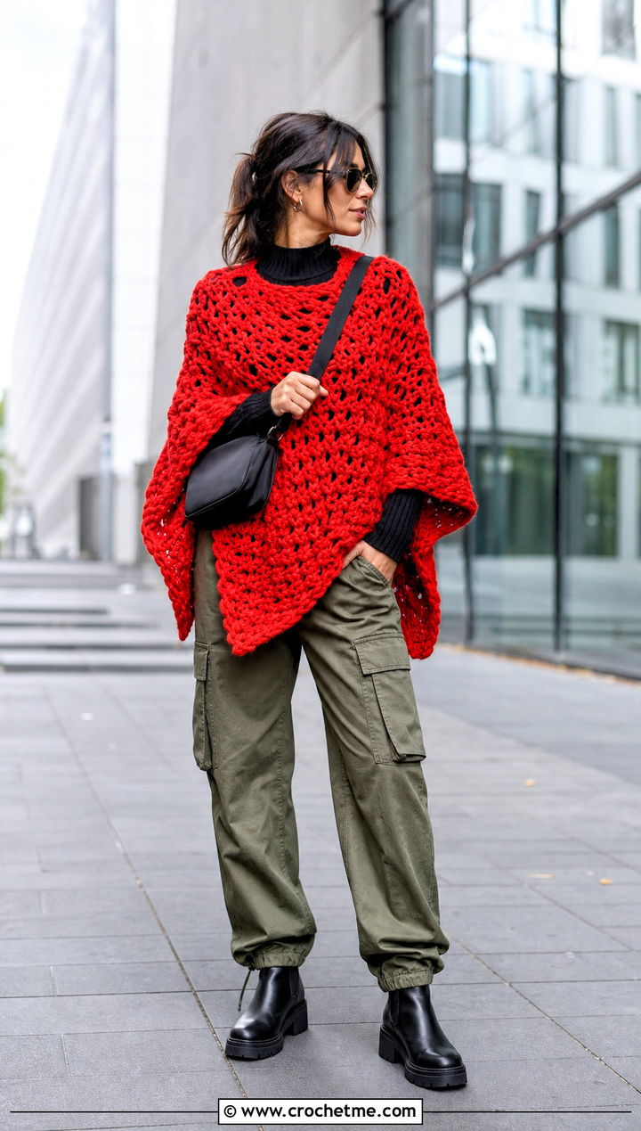 Chunky Crochet Poncho With Cargo Pants - 15 Crocheted Poncho outfit ideas