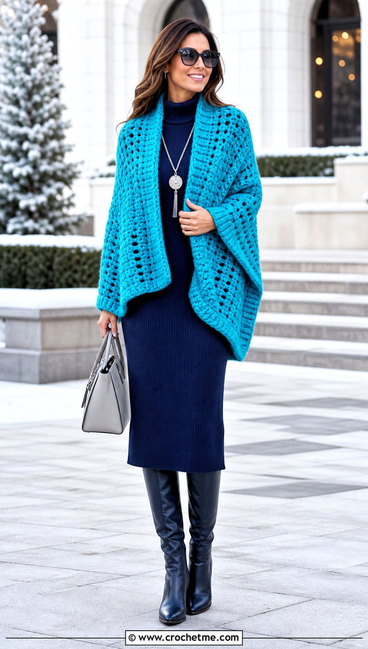 Chunky Crochet Poncho With Knit Dress - 15 Modern Crochet Poncho outfit ideas