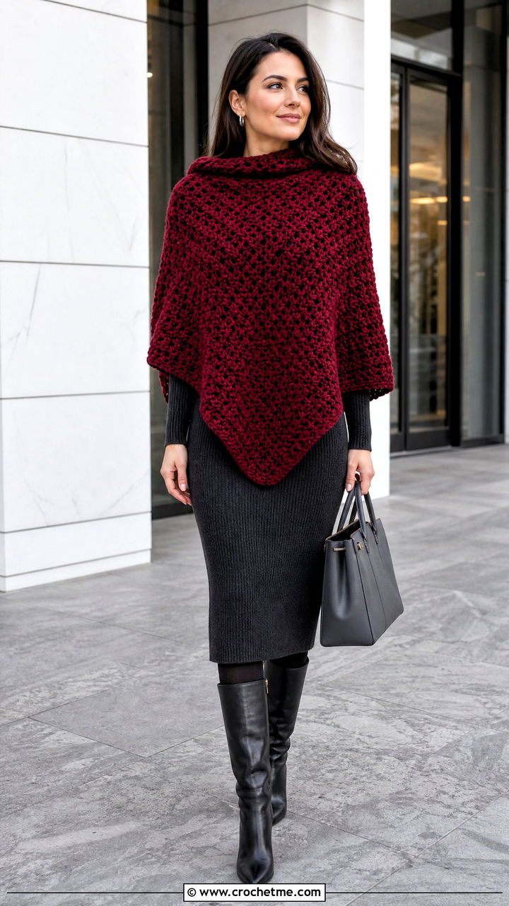 Chunky Crochet Poncho With Knit Dress - 35 crochet poncho woman outfit ideas
