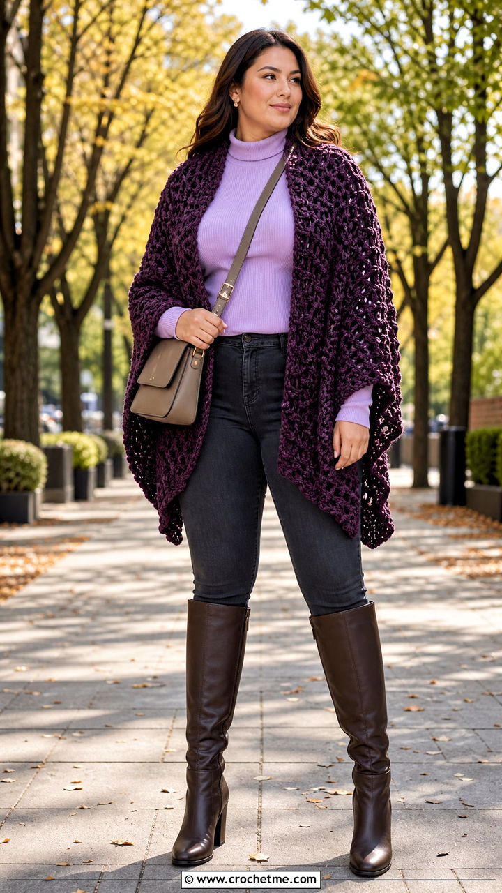 Chunky Crochet Poncho With Skinny Jeans - 35 crochet ponchos outfit ideas