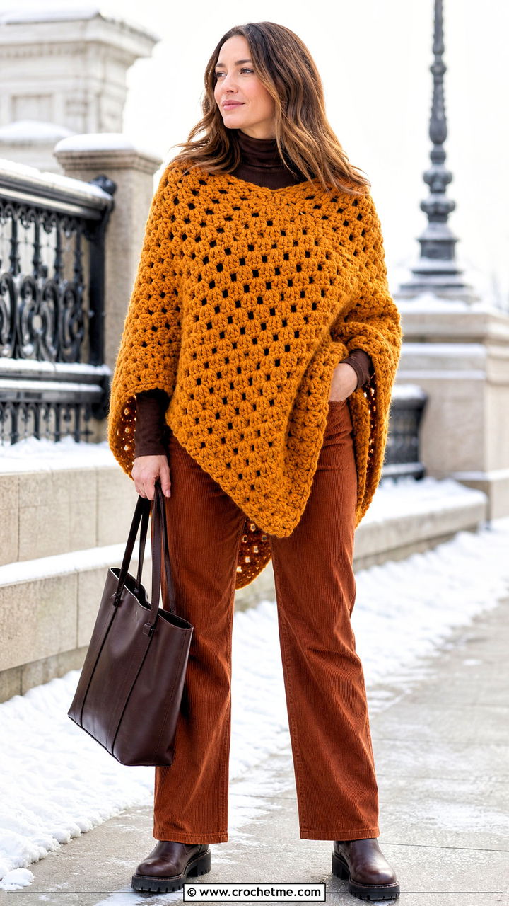 Chunky Crochet Poncho With Straight Leg Corduroy Pants - 35 easy crochet poncho woman outfit ideas