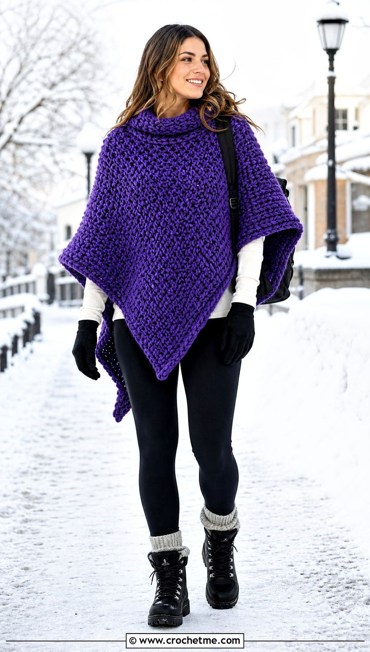 Chunky Crochet Poncho With Thermal Leggings - 25 ladies crochet poncho outfit ideas