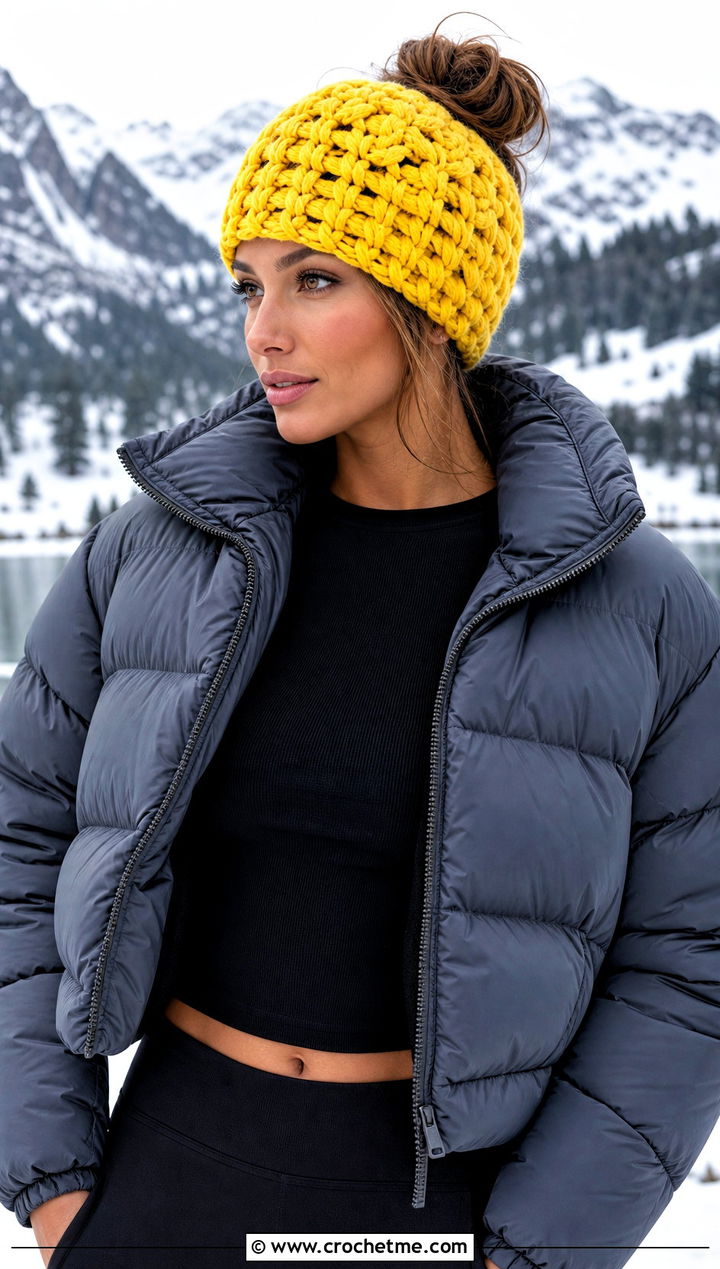 Chunky Crochet Ponytail Beanie With Puffer Jacket - 20 Crochet Ponytail Beanie outfit ideas