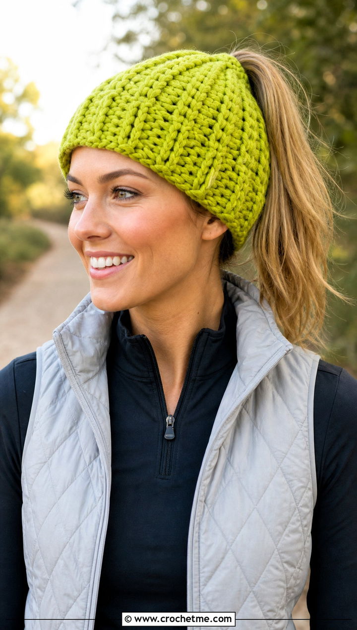 Chunky Crochet Ponytail Hat With Matching Activewear - 15 Crochet Bun Hats outfit ideas