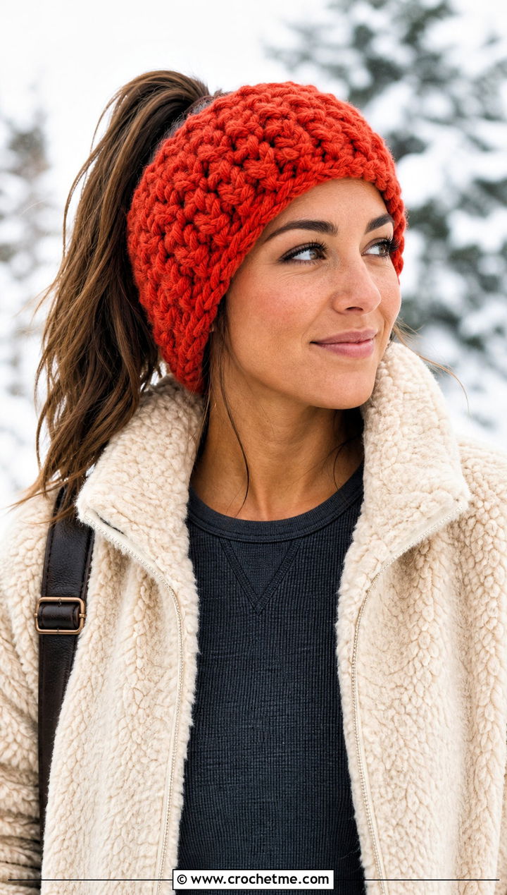 Chunky Crochet Ponytail Headband With Shearling Jacket - 20 Crochet Ponytail Headband outfit ideas