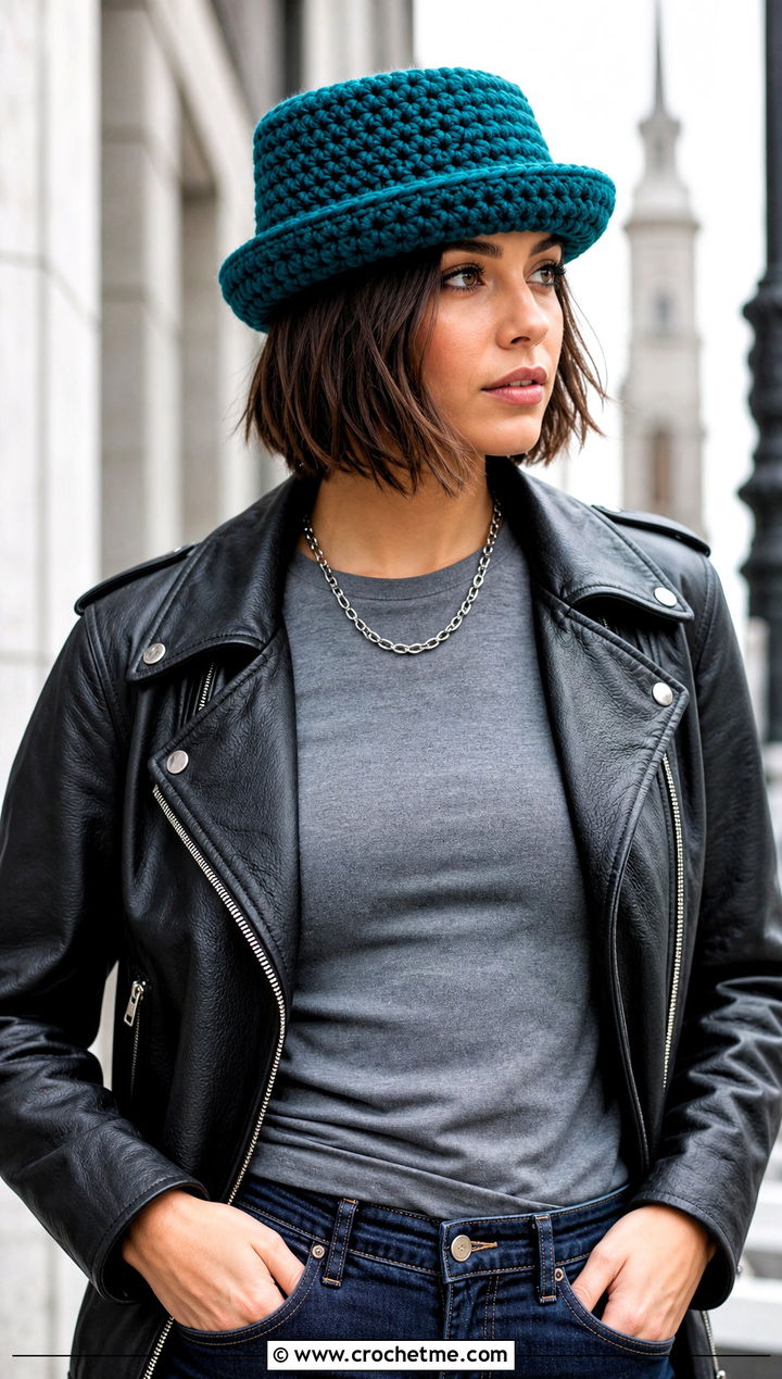 Chunky Crochet Pork Pie Hat With Leather Jacket - 25 crochet pork pie hat outfit ideas