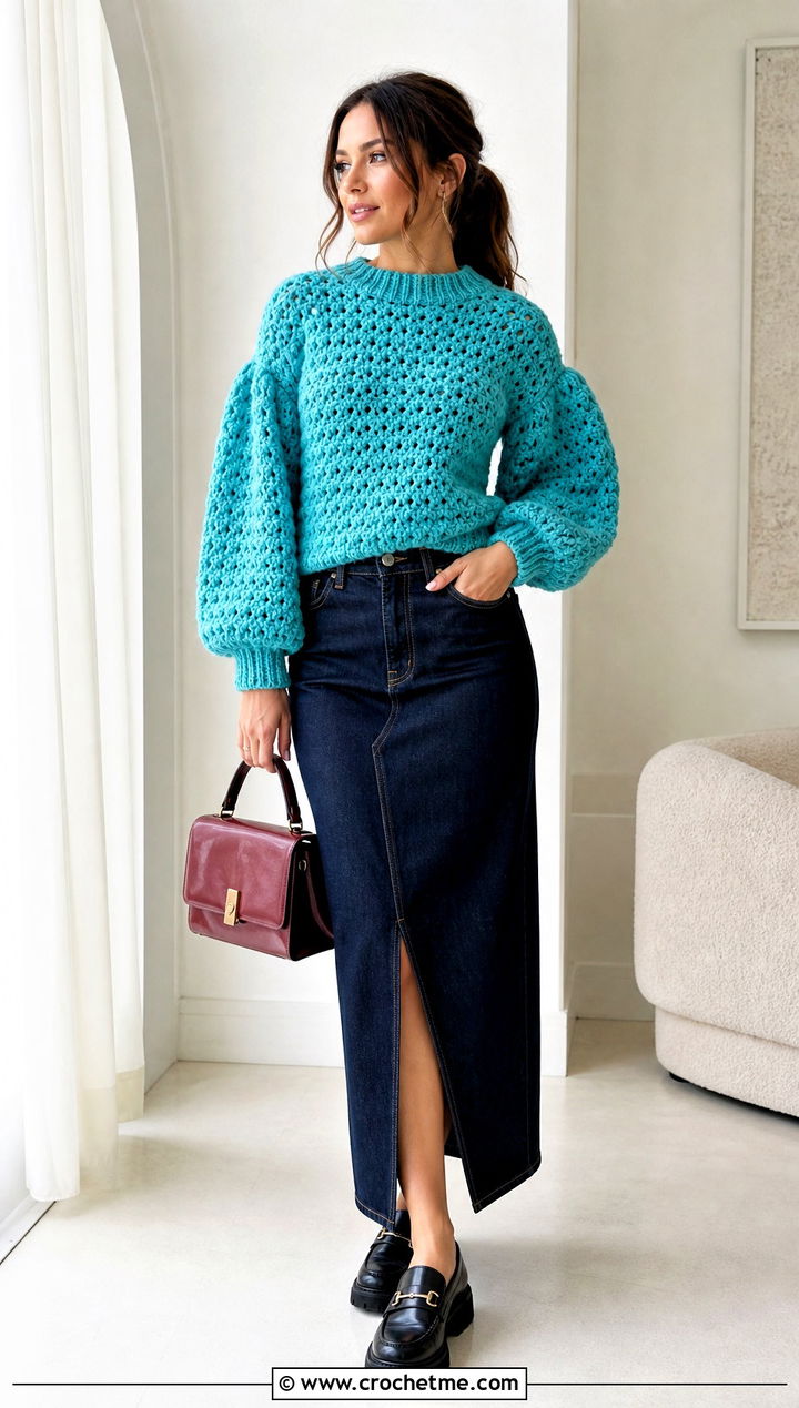 Chunky Crochet Puff Sleeve Sweater With Column Skirt - 25 Crochet Puff Sleeve Sweater outfit ideas