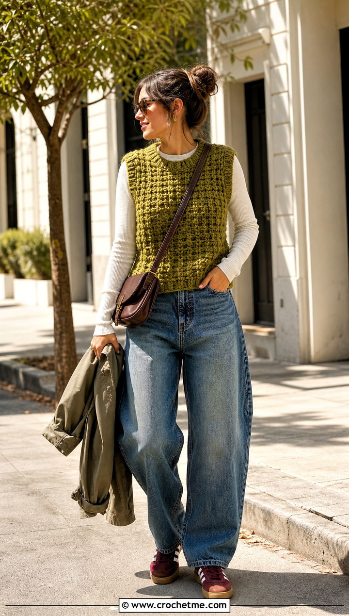 Chunky Crochet Pullover Vest With Barrel Jeans - 15 crochet pullover vest outfit ideas