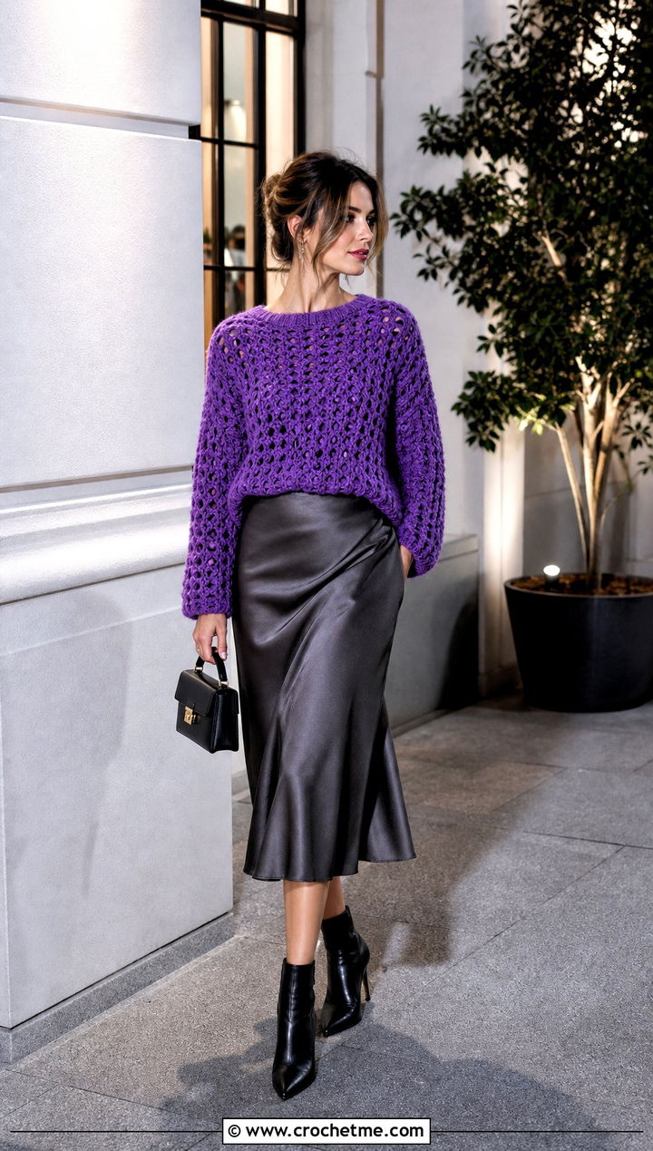 Chunky Crochet Pullover With Satin Midi Skirt - 30 crochet fall outfits ideas